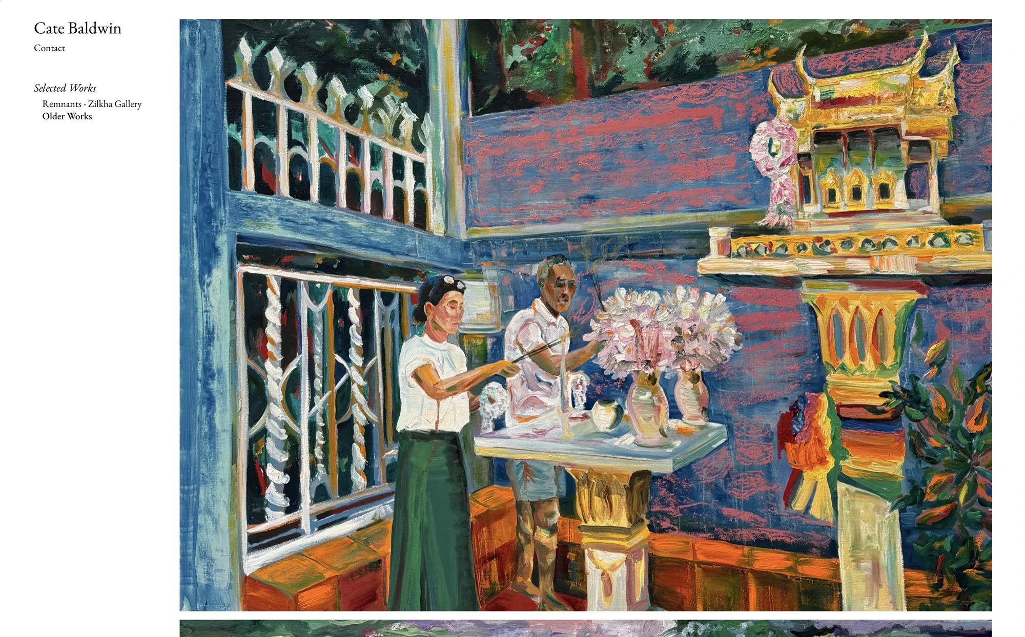 All works archive page with a grid of Cate's paintings and installations