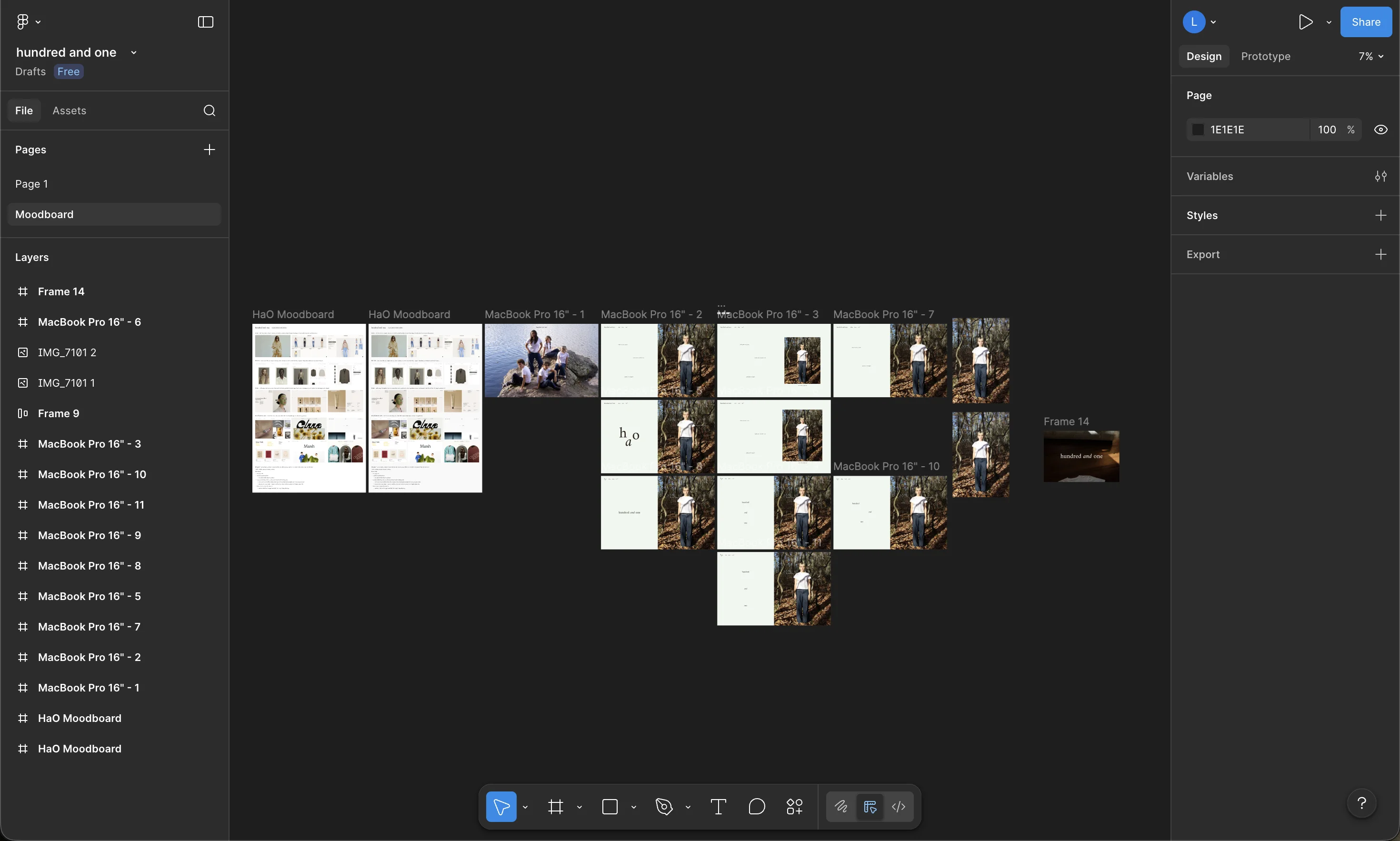 Figma workspace showing multiple layout explorations for the hundred and one homepage