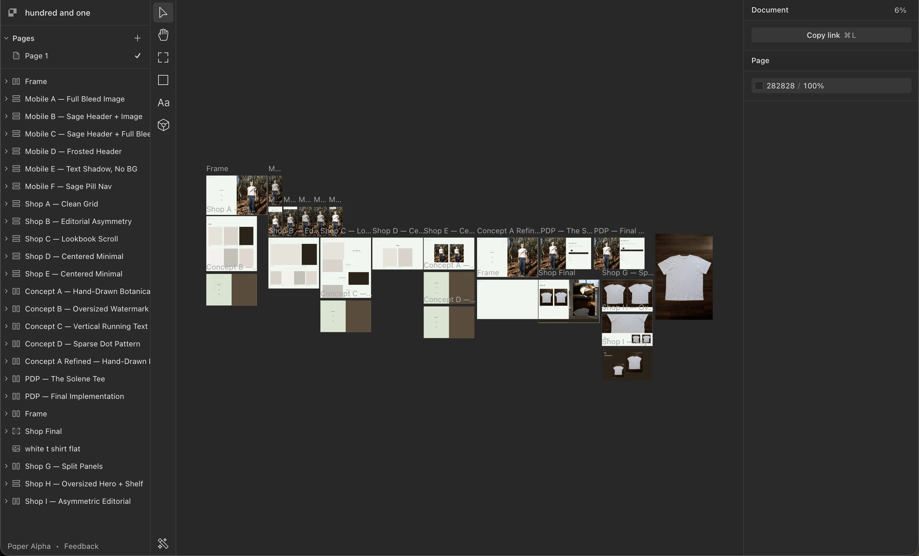 Paper design tool showing shop page layout iterations