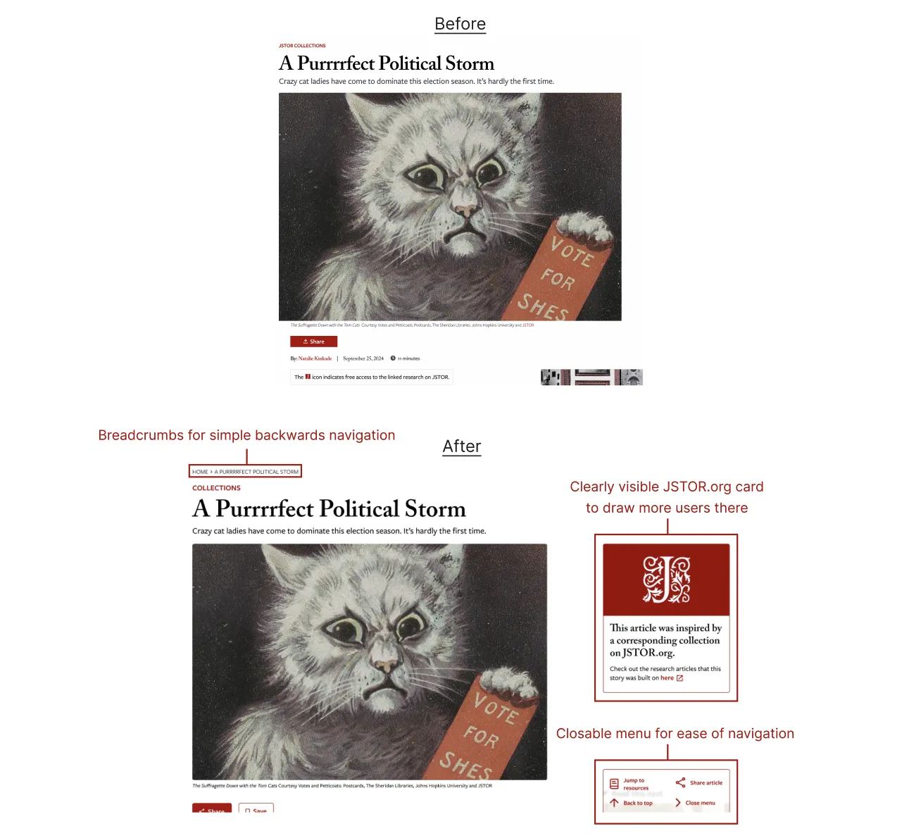 Article page before and after showing breadcrumbs, JSTOR collection card, and closable menu