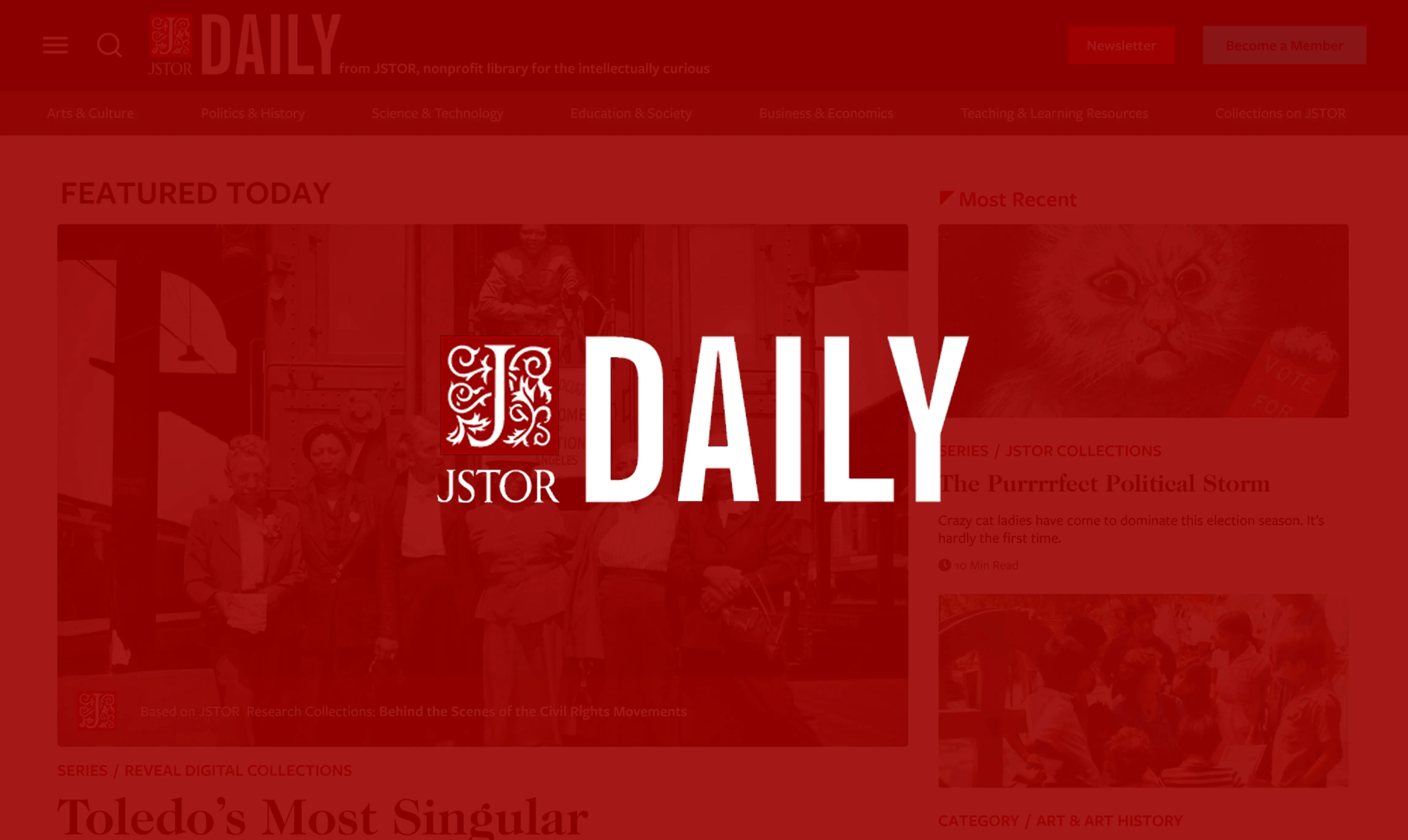 JSTOR Daily homepage redesign with branded overlay