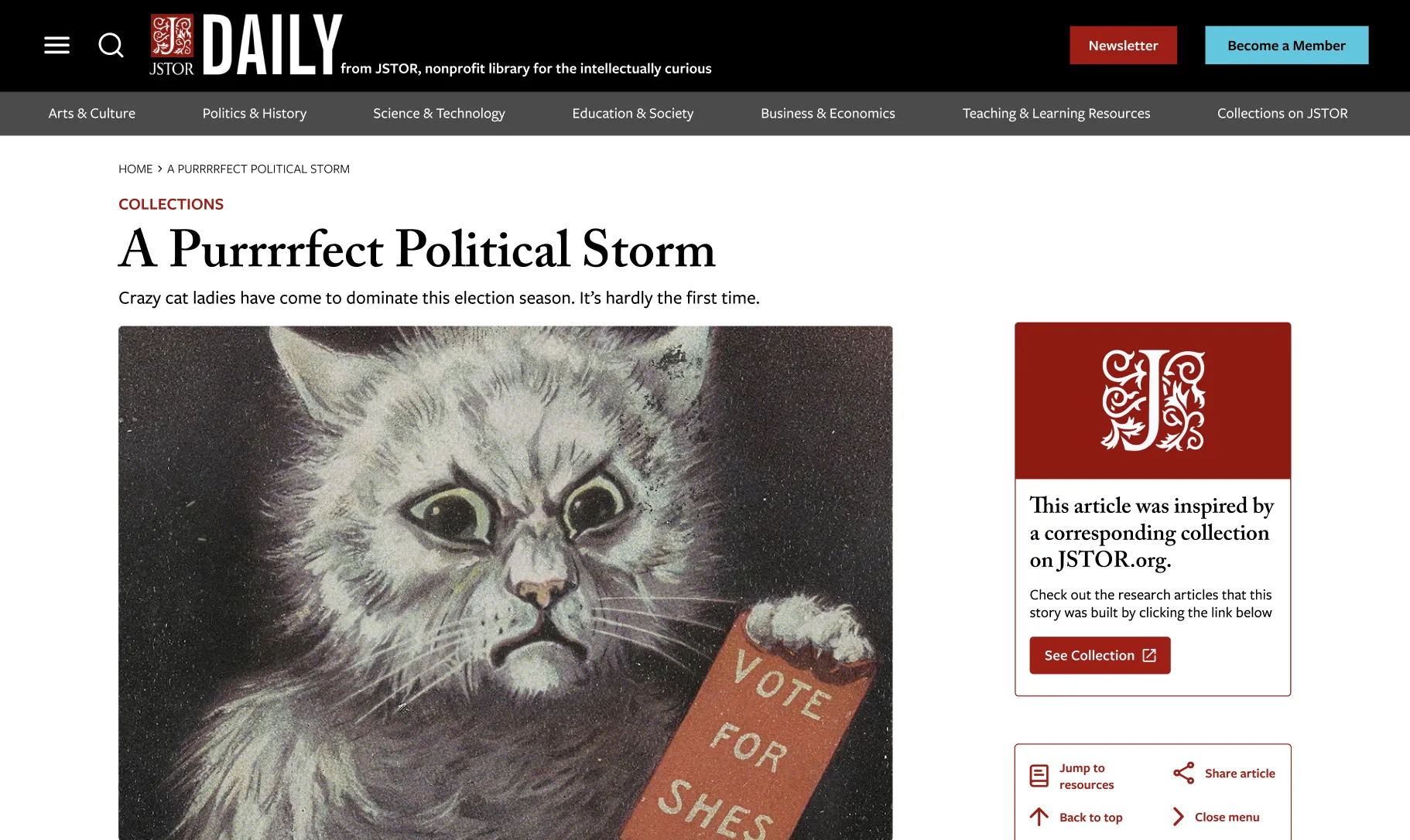 Redesigned JSTOR Daily homepage with improved navigation and content hierarchy